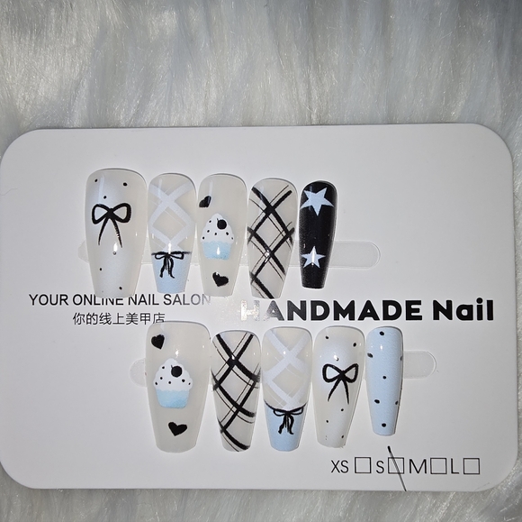 press on nails Other - Black, White, Light Blue Handmade Nail Set Of 10